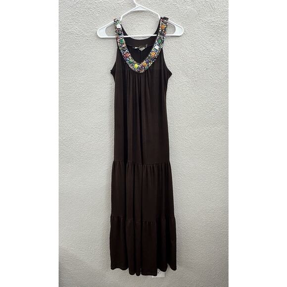 Carrie Allen Womens Maxi Dress Size Medium Brown Gemmed V-Neckline - Picture 1 of 11